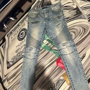 Balmain Faded Blue Straight Jeans with Ribbed Accents
